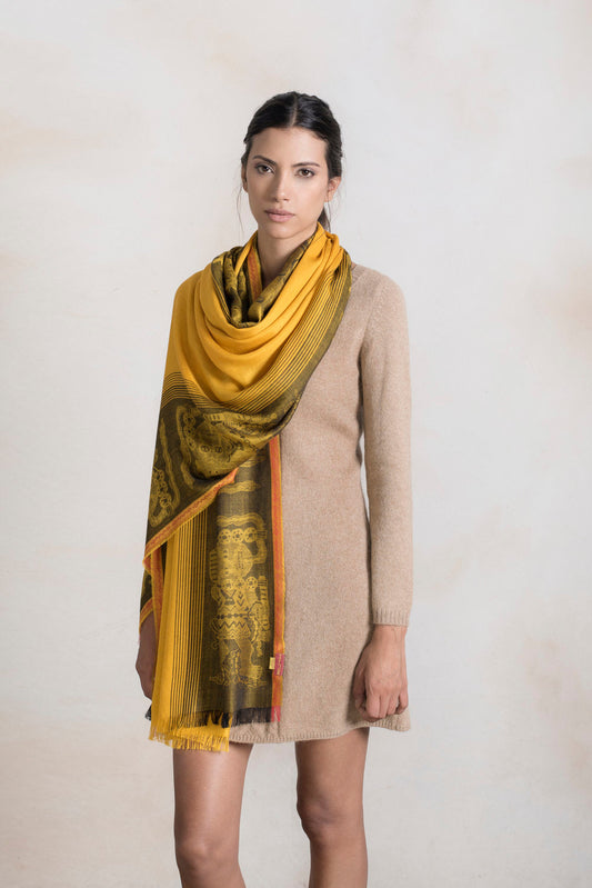 Étole Paracas - 7 en Royal Alpaga & Soie Couleur Amarillo & Noir